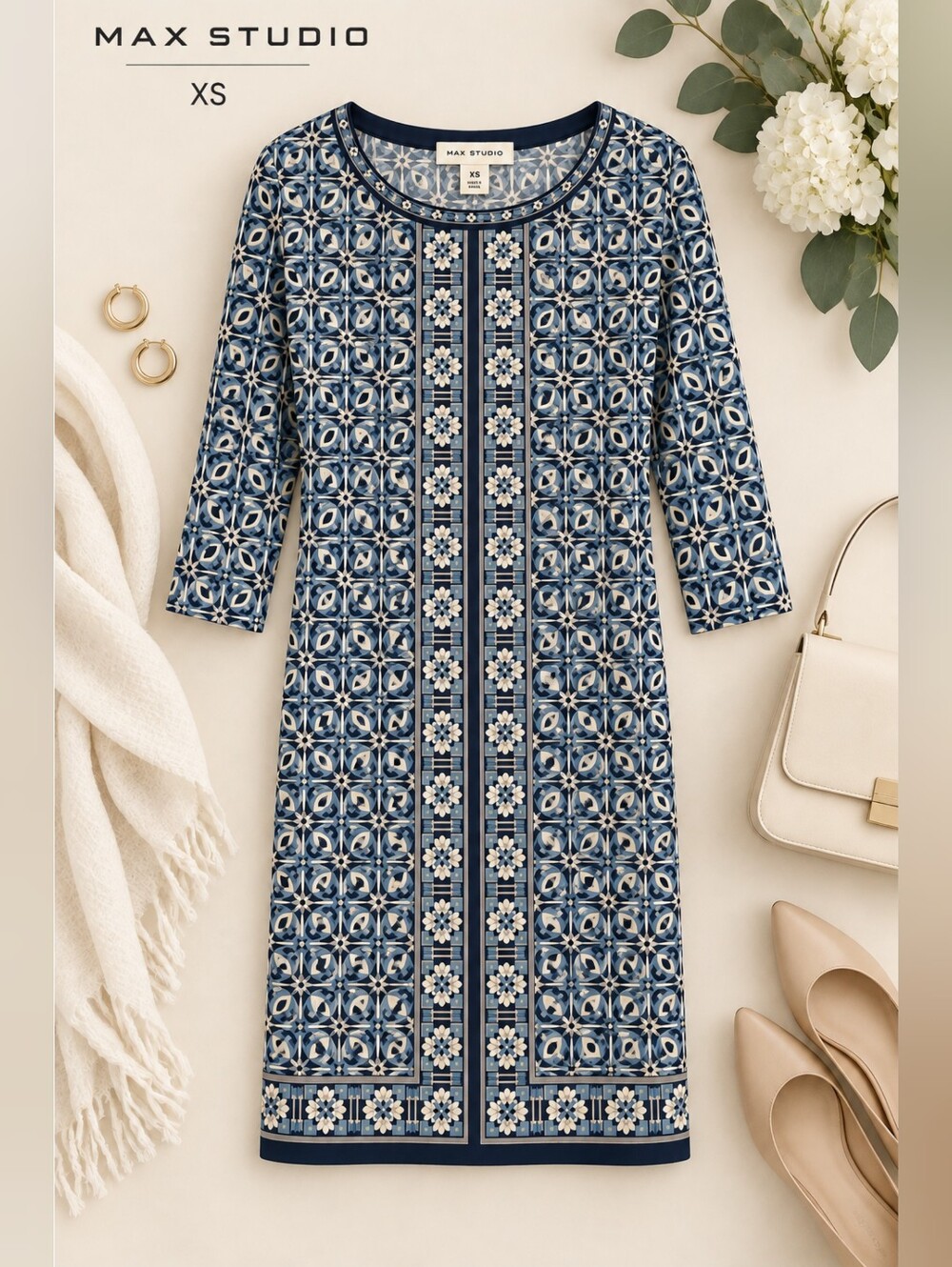 EUC Max Studio Blue and White Geo Print Scoop Neckline 3/4 Sleeve Dress, Size XS